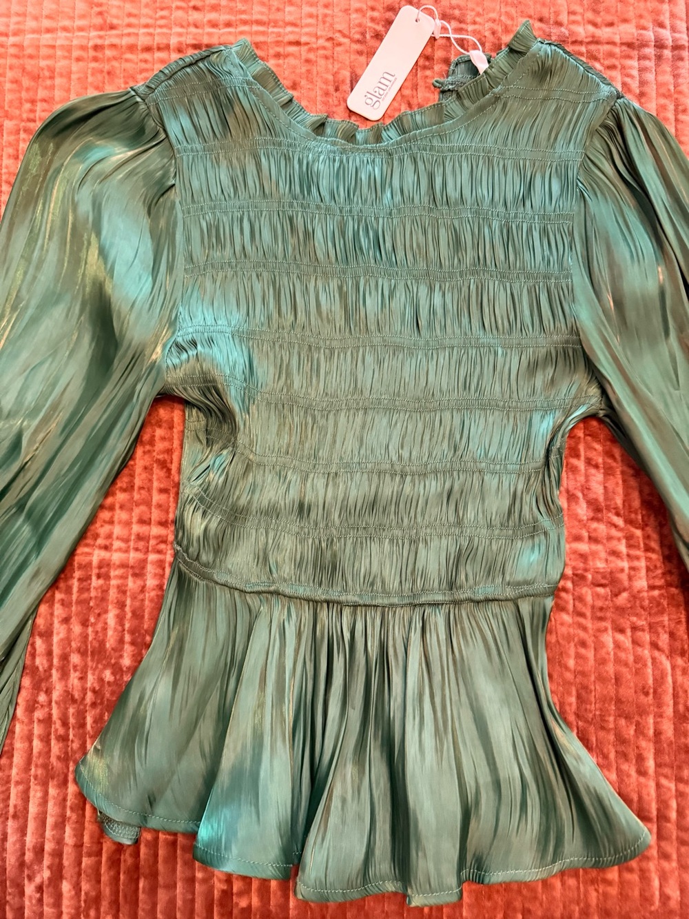 Smocked Peplum Long-Sleeve Blouse in Emerald Green NWT - Picture 2 of 4